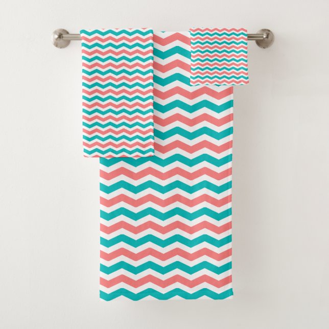 Conjunto De Toalhas Coral e cerceta Chevron (Insitu)