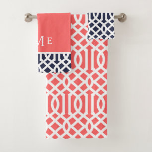 Conjunto De Toalhas Coral e Marinho Trellis Monograma