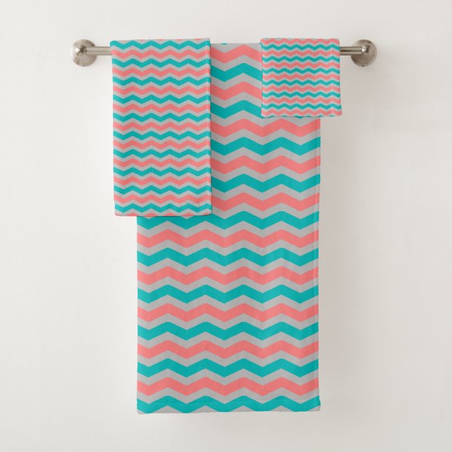 Conjunto De Toalhas Coral e Teal Chevron (Insitu)