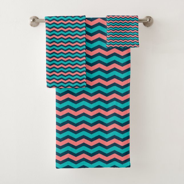 Conjunto De Toalhas Coral e Teal Chevron (Insitu)