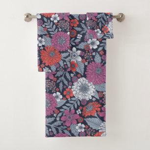 Conjunto De Toalhas Coral, Magenta e Azul Zinnias Floral
