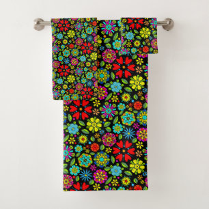 Conjunto De Toalhas Cores Neon Em Preto Padrão Floral Retro Contínuo
