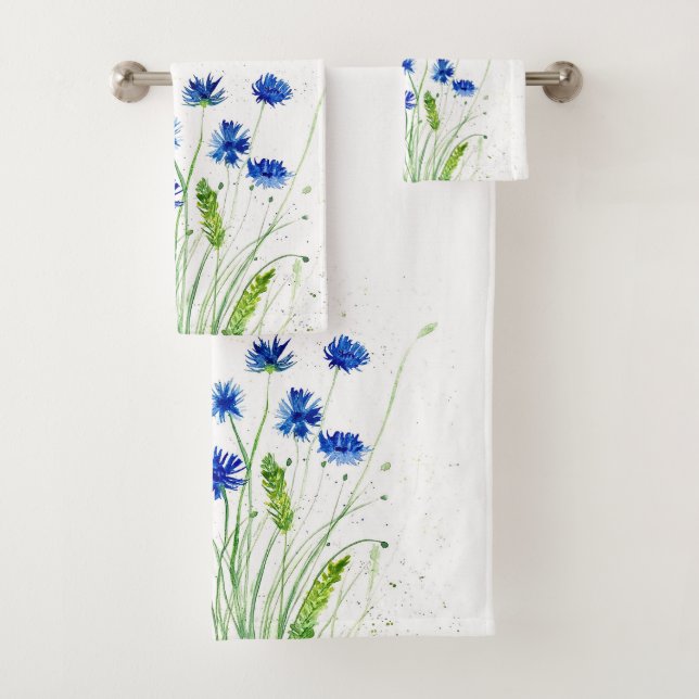 Conjunto De Toalhas Cornfloresflores Azuis Flores silvestres Aquarela (Insitu)