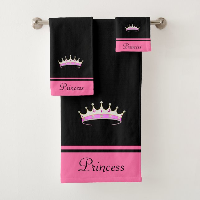 Conjunto De Toalhas Coroa de Princesa & Texto Nome em Preto & Rosa (Insitu)