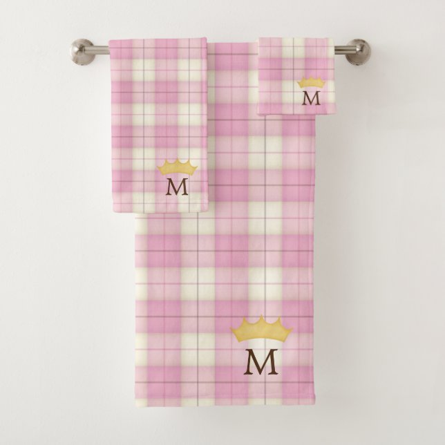 Conjunto De Toalhas Coroa Monograma Princesa Xadrez Escocês Rosa (Insitu)