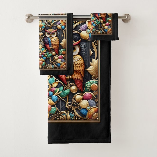 Conjunto De Toalhas Coruja Arco-íris Art Déco (Insitu)