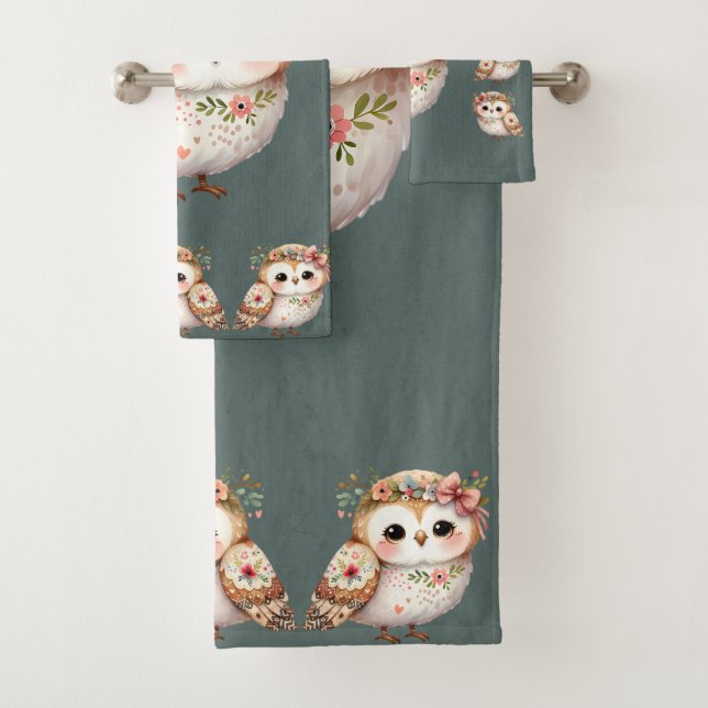Conjunto De Toalhas Coruja Floral Fofa com Laço (Insitu)