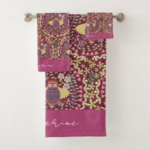 Conjunto De Toalhas Coruja Vinho Vermelho