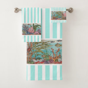 Conjunto De Toalhas Costeira Aqua Stripe Sealife Vintage Beach House