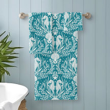 Costeira Damask Seacavalo Teal Blue Padrão Branco