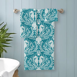 Conjunto De Toalhas Costeira Damask Seacavalo Teal Blue Padrão Branco