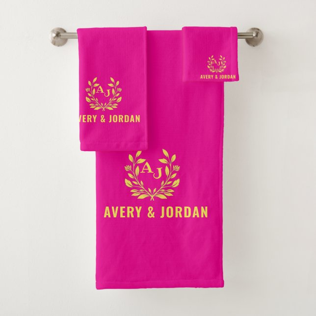 Conjunto De Toalhas Couple Names Monogram Yellow & Pink Elegant  (Insitu)