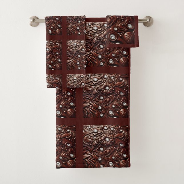 Conjunto De Toalhas Couro Falso Talhado Marrom e Diamante (Insitu)