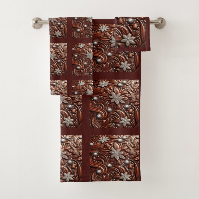 Conjunto De Toalhas Couro Falso Talhado Marrom e Diamante (Insitu)