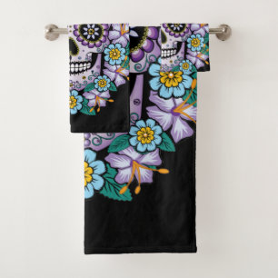 Conjunto De Toalhas Crânio de Açúcar Roxo com Flores