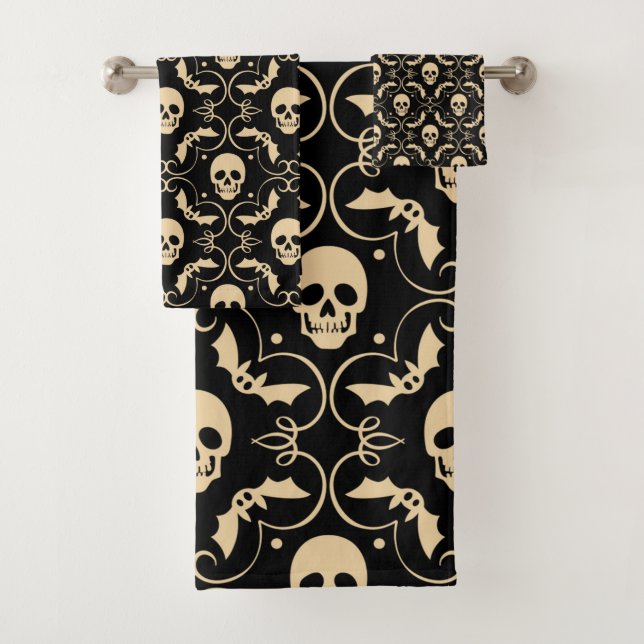 Conjunto De Toalhas Cranios e Morcegos de Halloween Preto e Creme (Insitu)