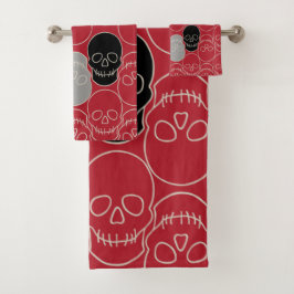 Conjunto De Toalhas Crânios - Vermelho e Branco Ósseo