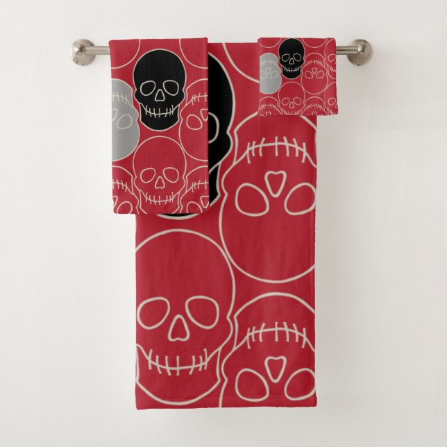 Conjunto De Toalhas Crânios - Vermelho e Branco Ósseo (Insitu)