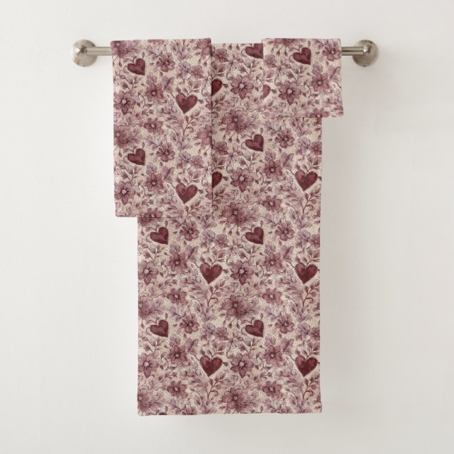 Conjunto De Toalhas Cream Burgundy Red Hearts Flowers (Insitu)