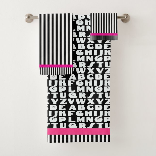 Conjunto De Toalhas Crianças Alphabet Black Strips Quente Rosa (Insitu)