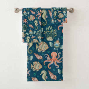 Conjunto De Toalhas Criaturas subaquáticas em azul
