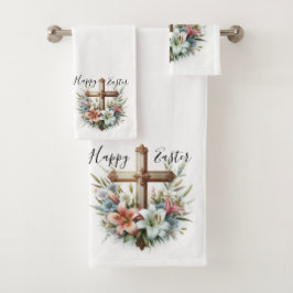 Conjunto De Toalhas Cruz Feliz Páscoa com Lírios de Páscoa