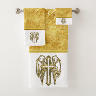 Conjunto De Toalhas Cruze com asas e branco e design da folha de ouro