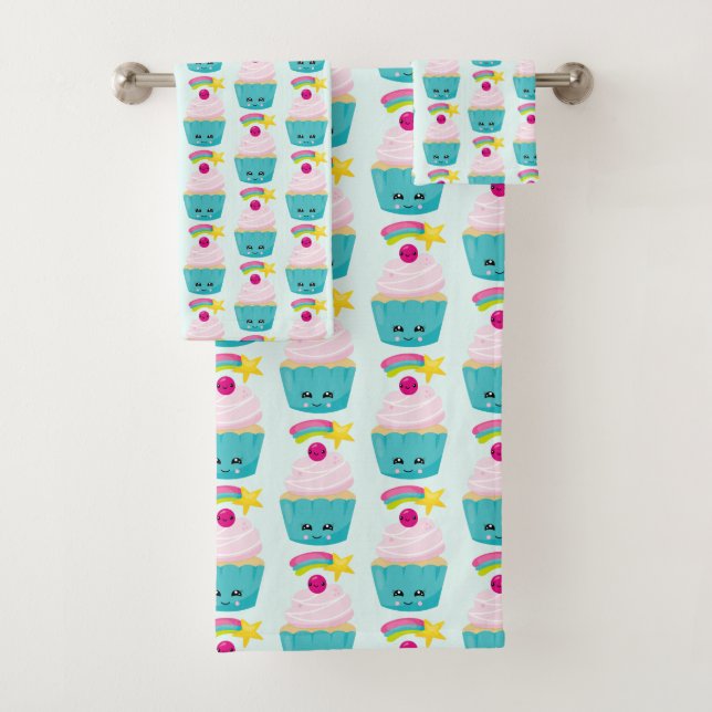 Conjunto De Toalhas Cupcake azul bonito com padrão facial Kawaii (Insitu)