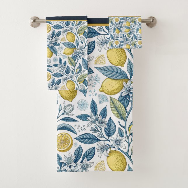 Conjunto De Toalhas Custom Elegant Mediterranean Lemon Botanical Navy (Insitu)