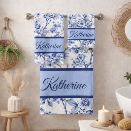 Conjunto De Toalhas Custom Name Elegant French Vintage Blue Floral 
