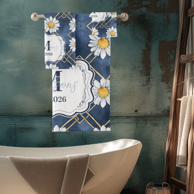 Conjunto De Toalhas Custom Navy Daisy Gingham Monogram Decor (Criador carregado)