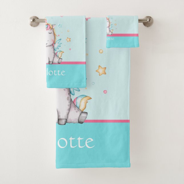 Conjunto De Toalhas Cute Baby Unicorn Teal Blue Personalizado (Insitu)