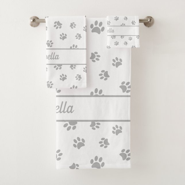 Conjunto De Toalhas Cute Impressões de Pata Cinza Prata Personalizadas (Insitu)