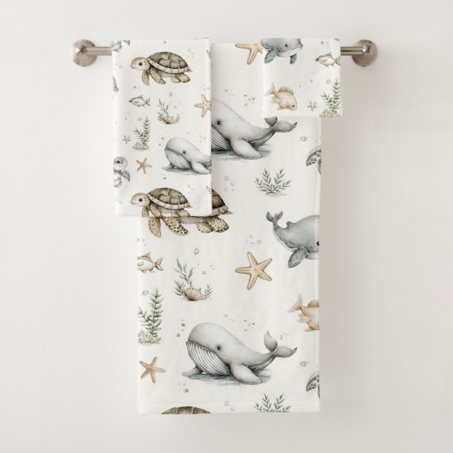 Conjunto De Toalhas Cute Watercolour Ocean Baby Animals  (Insitu)