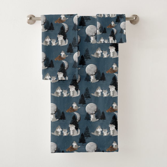 Conjunto De Toalhas Cute Wolf Pack Woodland Night Moon Kids (Insitu)