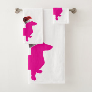 Conjunto De Toalhas Dachshund fofo vestindo um chapéu de Papai Noel