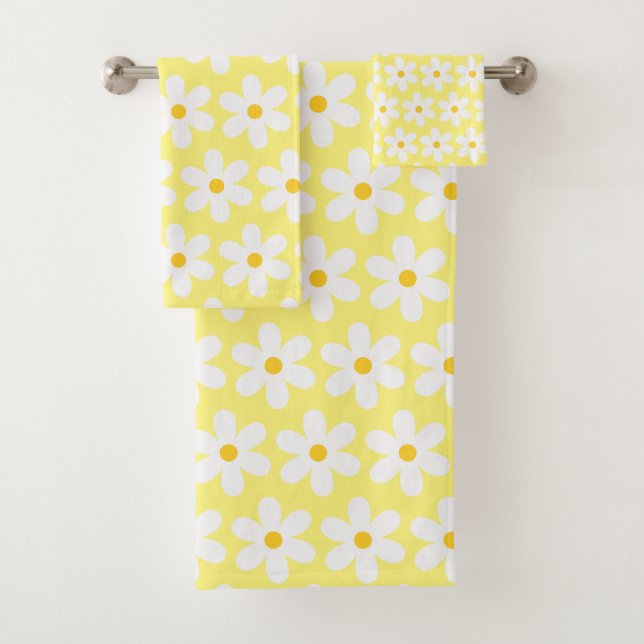 Conjunto De Toalhas Daisies - Padrão Floral Retroativo Amarelo Branco (Insitu)