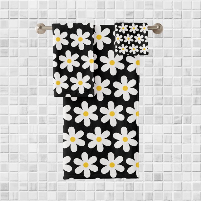 Conjunto De Toalhas Daisies Retro Padrão Floral Branco Preto (Criador carregado)