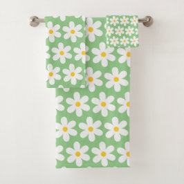 Conjunto De Toalhas Daisies Retro Padrão Floral Branco Verde