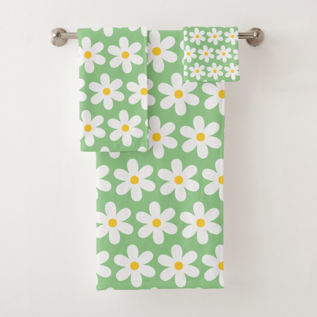 Conjunto De Toalhas Daisies Retro Padrão Floral Branco Verde (Insitu)