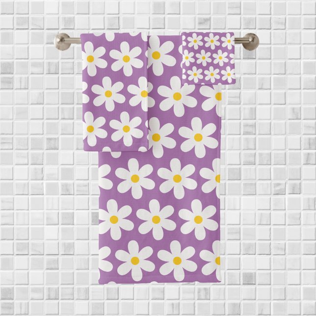 Conjunto De Toalhas Daisies Retro Padrão Floral Púrpura Branca (Criador carregado)