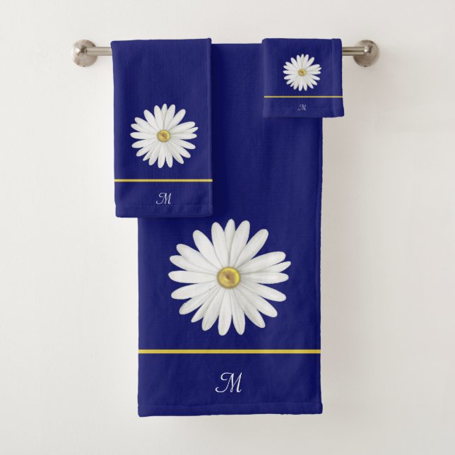 Conjunto De Toalhas Daisy Flower e Monograma no Marinho Azul (Insitu)