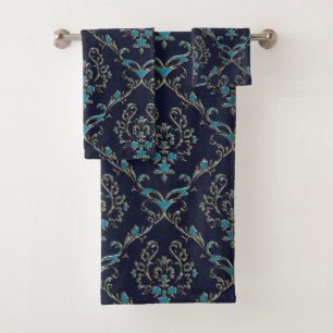 Conjunto De Toalhas Damasco azul do ouro verde no grupo azul escuro de