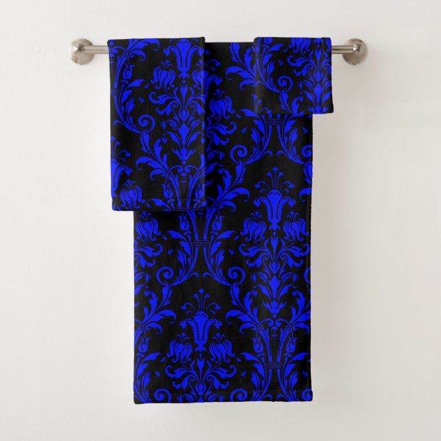 Conjunto De Toalhas Damasco Azul Floral Em Preto (Insitu)