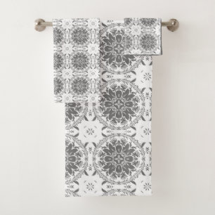 Conjunto De Toalhas Damasco de ornamento de folclore branco e cinza
