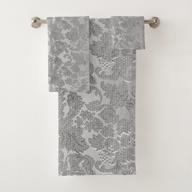 Conjunto De Toalhas Damasco de Textura de Cinza Floral (Insitu)