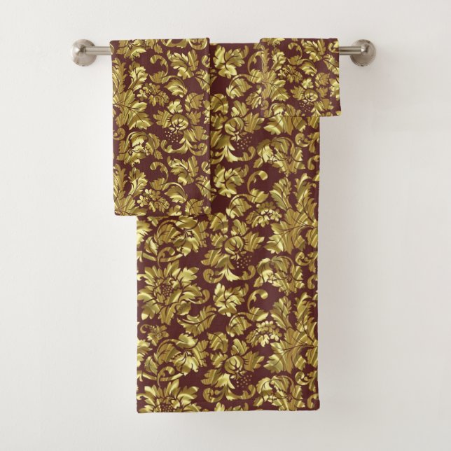 Conjunto De Toalhas Damasco Floral Dourado Monogramado (Insitu)