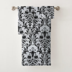 Conjunto De Toalhas Damasco Floral Preto Sobre Prata