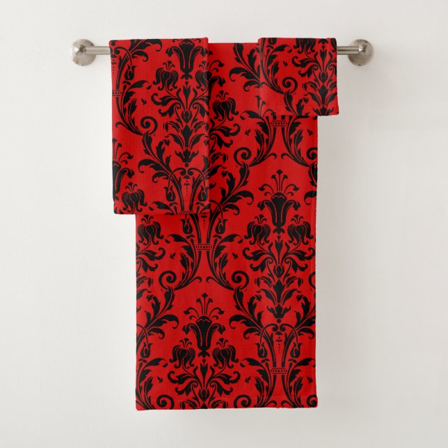 Conjunto De Toalhas Damasco Floral Vermelho e Preto (Insitu)