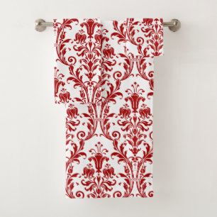 Conjunto De Toalhas Damasco Floral Vermelho em Branco